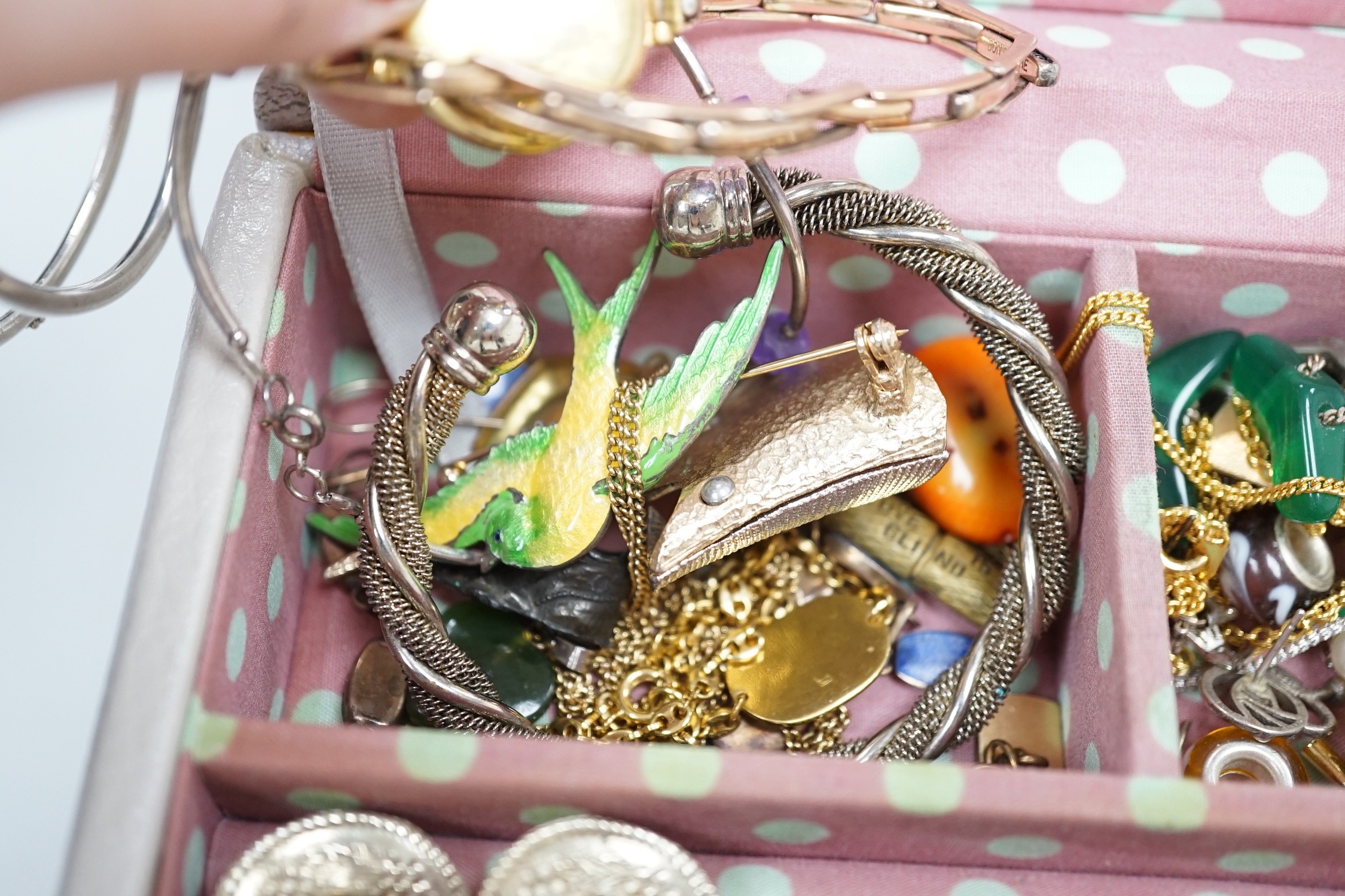 A group of assorted costume jewellery, pocket watches and assorted coins including commemorative.